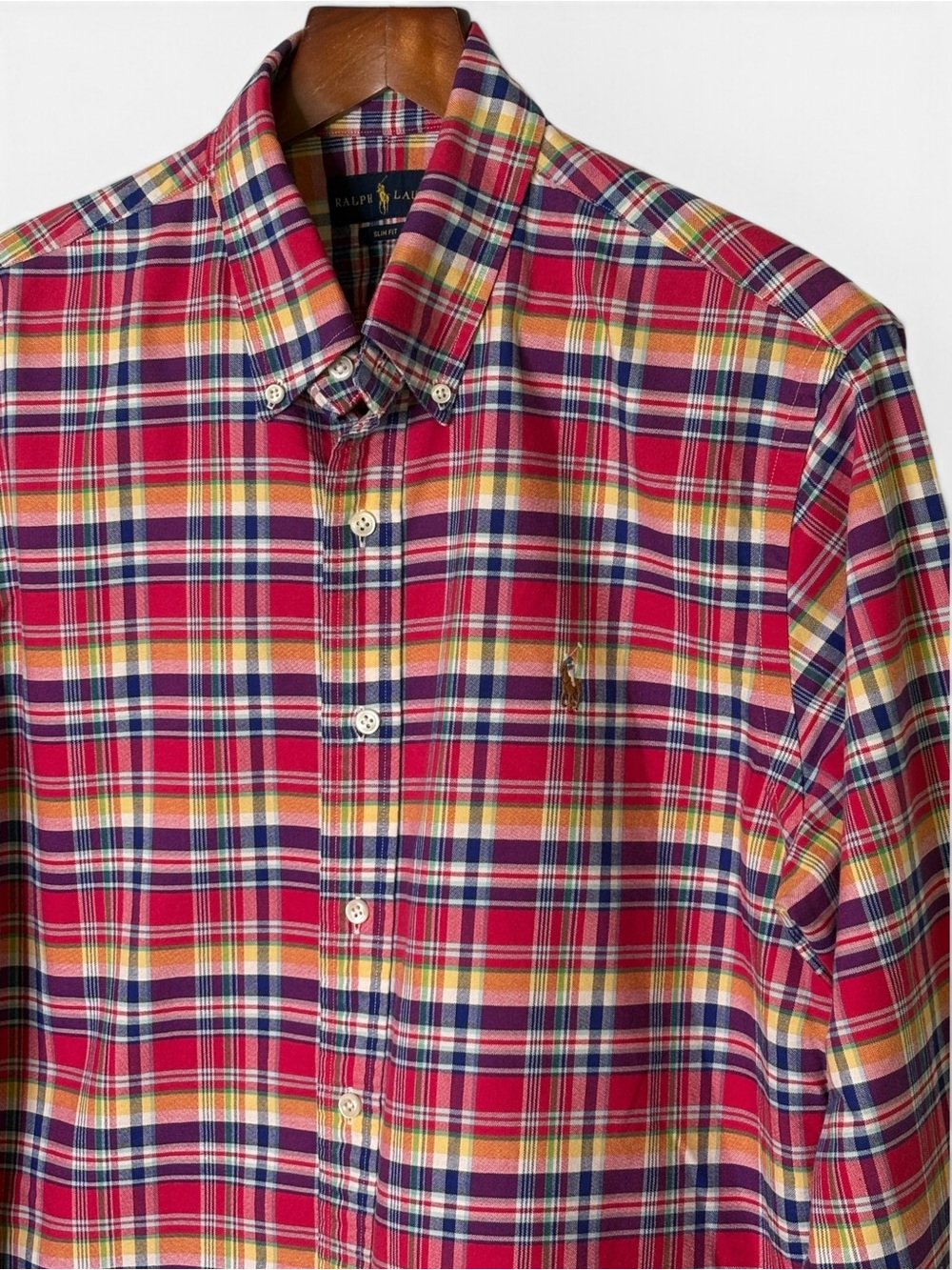 Ralph Lauren Plaid Button Down Shirt Size L Slim Fit Red Yellow Blue Cotton - Picture 2 of 9